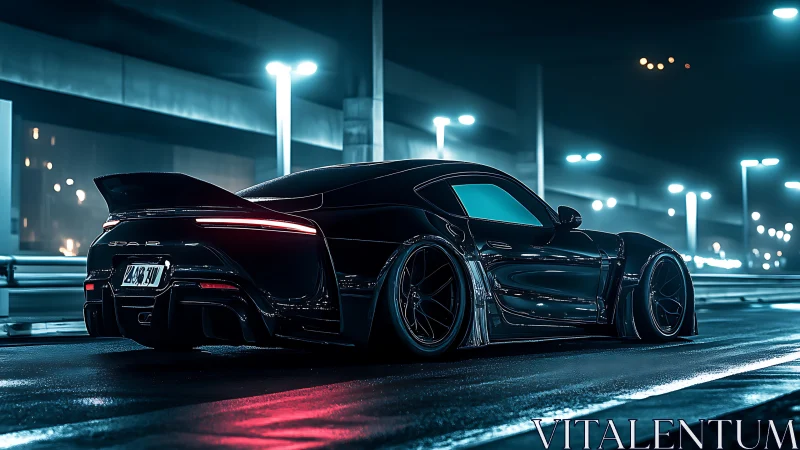 Midnight sports car glides along wet neon city highway