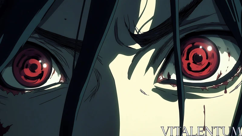 Intense crimson anime eyes locked in a fierce resolve.