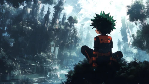 Green haired anime boy sits alone in misty forest valley.