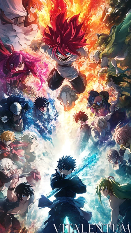 Elemental anime clash with central duel of fire and ice.