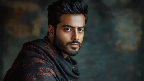 Digital portrait shows man in shawl against blurred backdrop