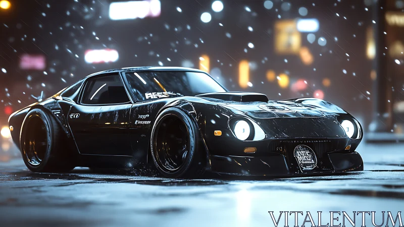 Sleek black sports car glowing softly in a snowy city night.