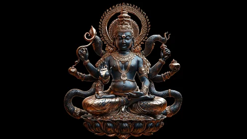Bronzed serpent-crowned deity in meditative cosmic stillness.