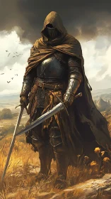 Hooded armored ranger stands watch in windswept golden field.
