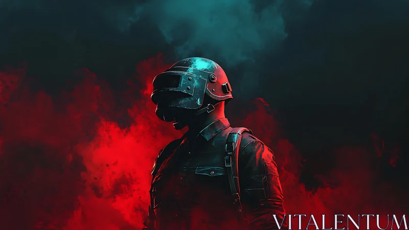 Helmeted battle soldier in red and teal digital smoke.