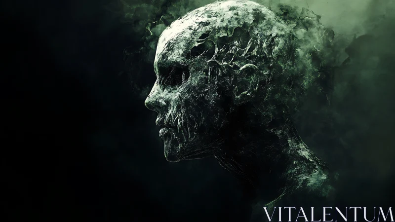 Eroded humanoid head profile in dark green misty void.