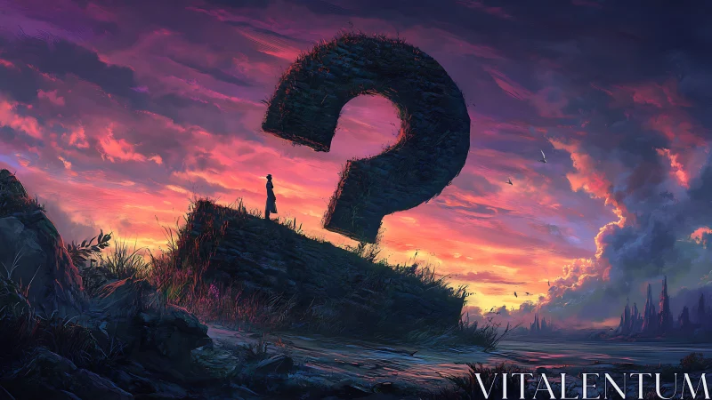 Monolithic question mark monolith under iridescent twilight sky.