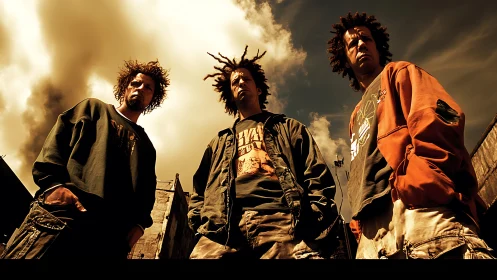 Urban trio stand defiantly beneath dramatic storm-lit sky.