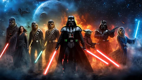 Symmetrical Star Wars character lineup with glowing lightsabers rendered