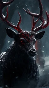 Midnight stag of embered antlers haunts the winter hush