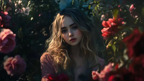 Young woman sits among roses under moody evening light