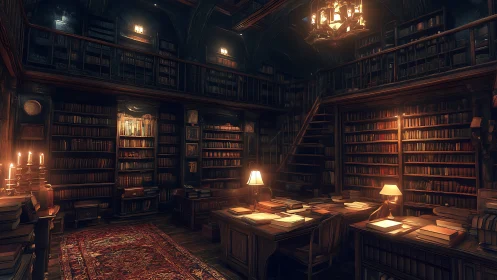 Candlelit antique library glows around long reading tables