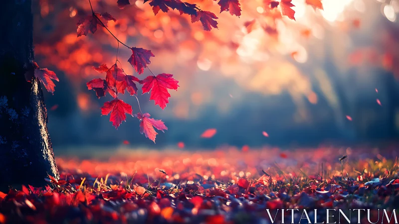 Crimson maple leaves drifting across a glowing autumn grove.