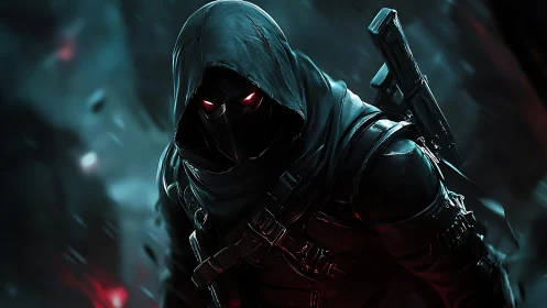 Armored hooded assassin emerges from cyber-noir shadows