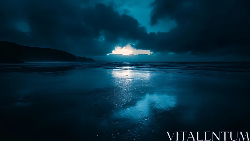 Nocturnal littoral horizon under cyan luminance window.