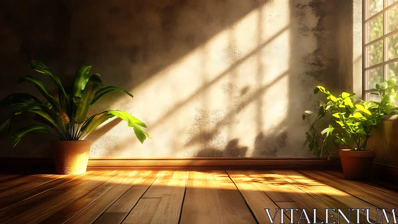 Sunlit indoor plants cast soft shadows on textured wall
