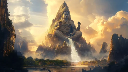 Colossal seated deity carved into mountain with cascading waterfall