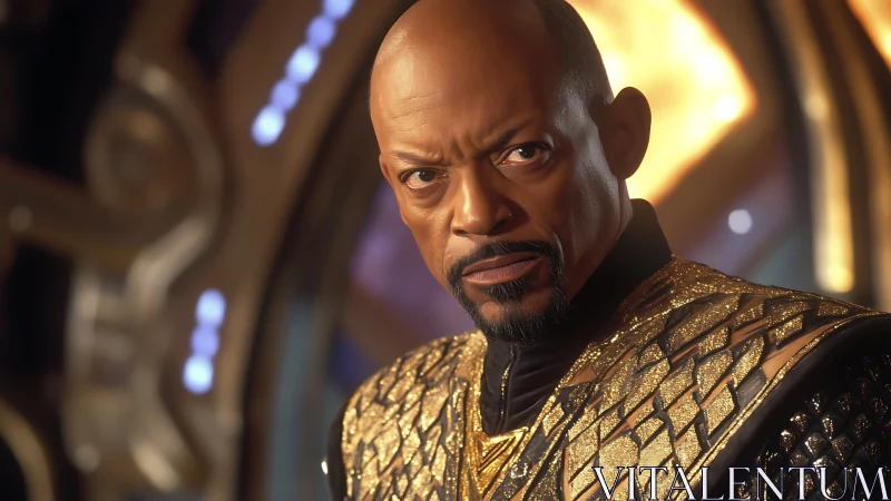 Regal sci-fi commander in ornate gold armor stares intensely.