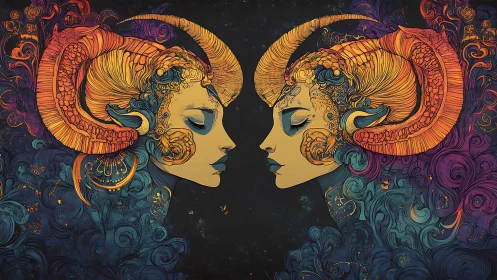 Twin horned goddesses in mirrored cosmic swirl profile.