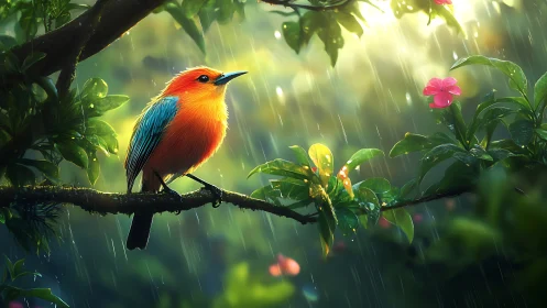 Vibrant orange bird on a rainy branch in lush digital artwork.
