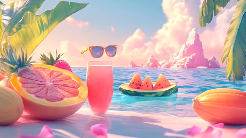 Neon tropical fruit beachscape with floating melon slices.