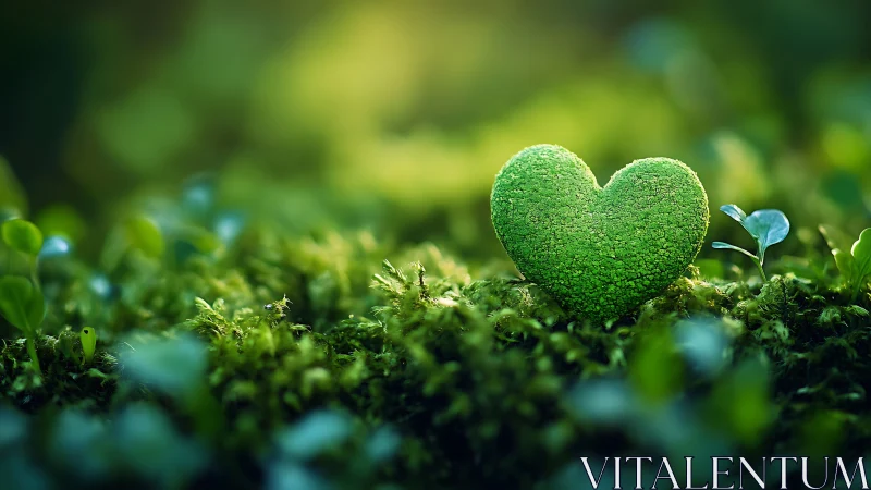 Moss heart sculpture rests on forest floor in shallow focus