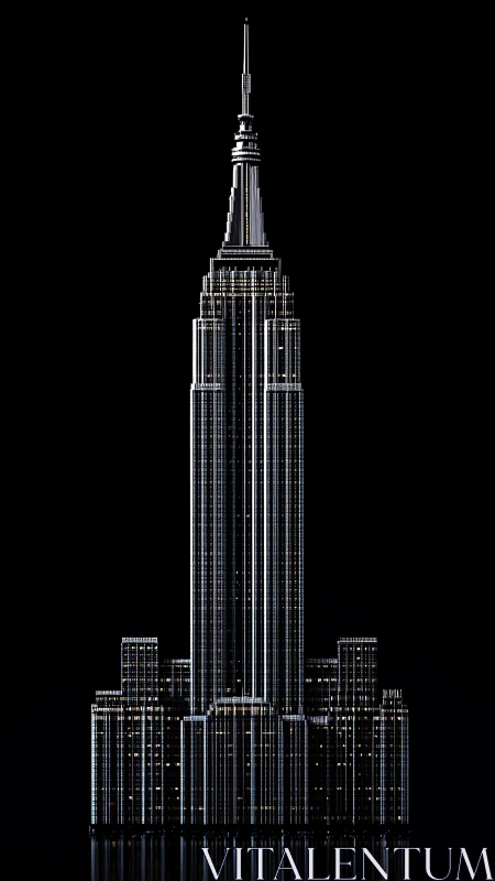 Nocturnal skyscraper elevation rendered in high-contrast 3D