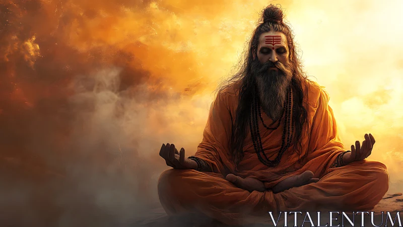 Golden sunrise surrounds a serene sage in deep meditation