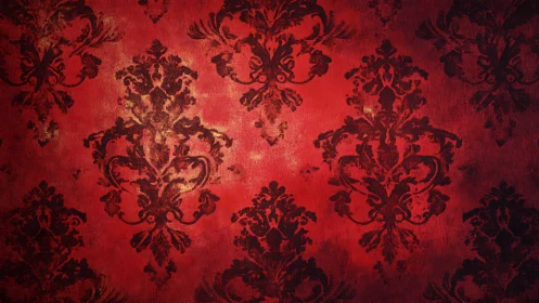 Ornate red damask wallpaper evokes vintage theatrical drama