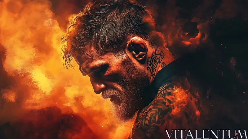 Tattooed fighter profile framed by blazing inferno glow.