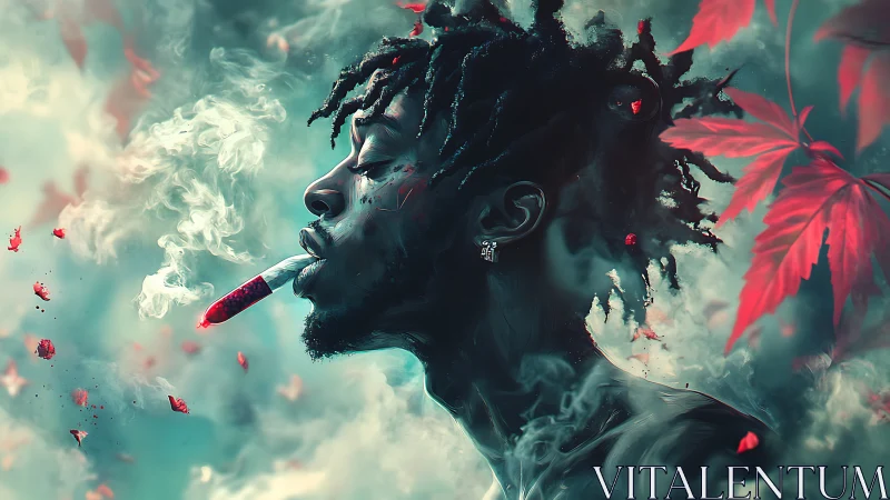 Moody profile portrait exhales swirling neon smoke in dream haze