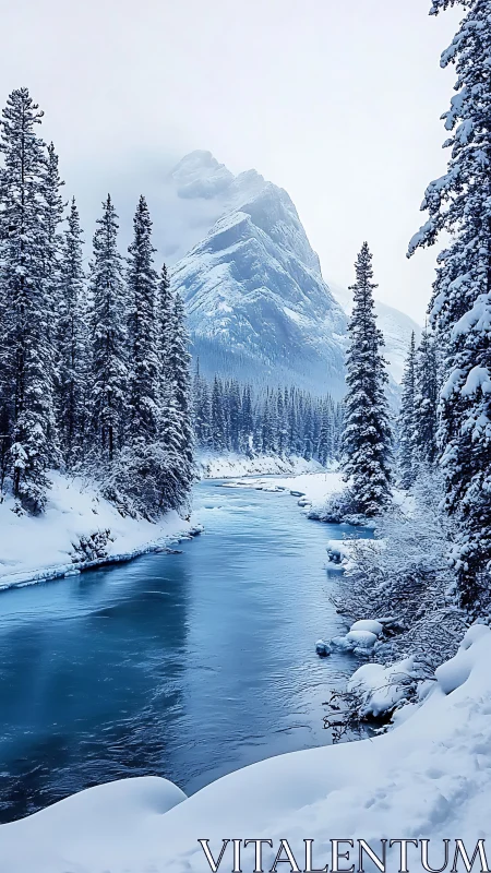 Snow-covered conifer forest lines a partially frozen river