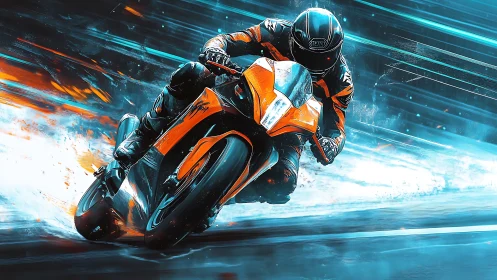Neon-lit superbike racer leans into a turn in blazing motion