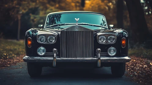 Classic Rolls-Royce gleams on a tranquil autumn forest road