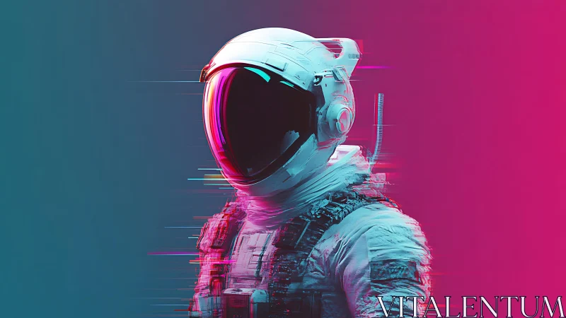 Glitched neon astronaut portrait under split-tone light.