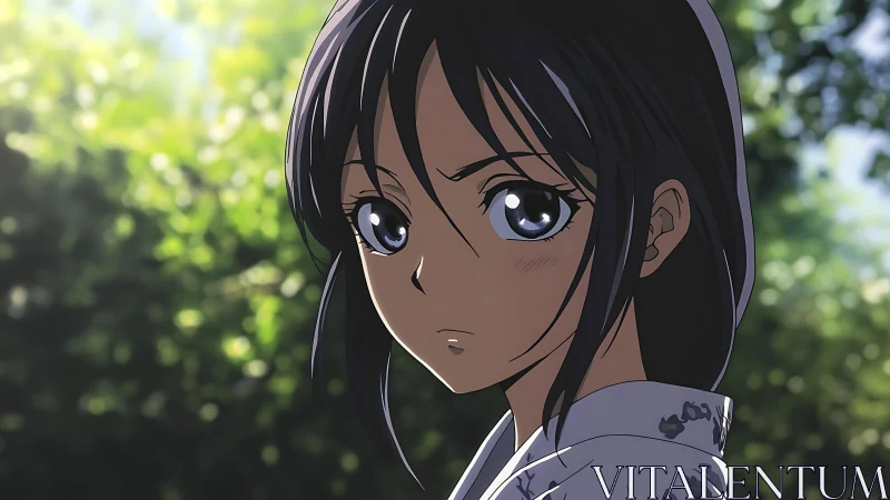 Pensive anime girl in soft forest sunlight gazes ahead.