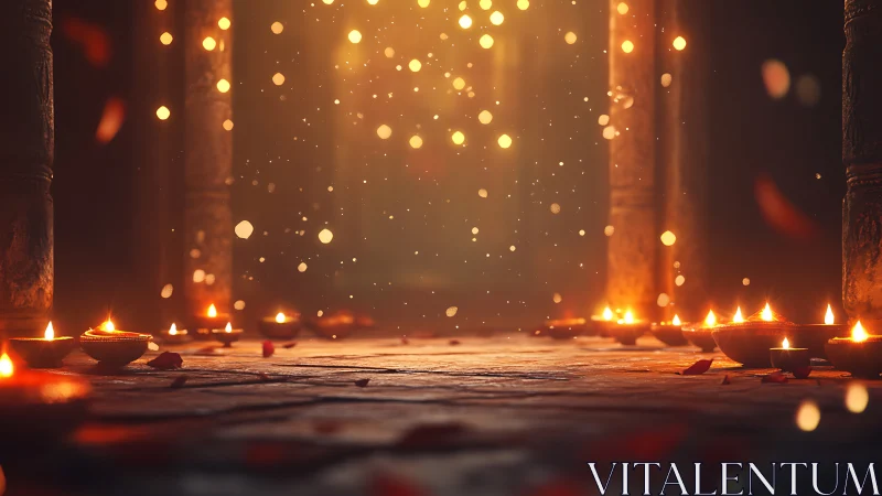 Clay oil lamps on stone floor with suspended light particles.