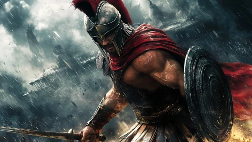 Armored Spartan warrior charges through stormy battlefield