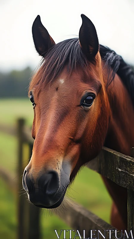 Chestnut horse head close-up beside weathered pasture fence.
