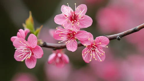 Pink Plum Blossoms in Macro Detail with Prominent Golden Stamens.
