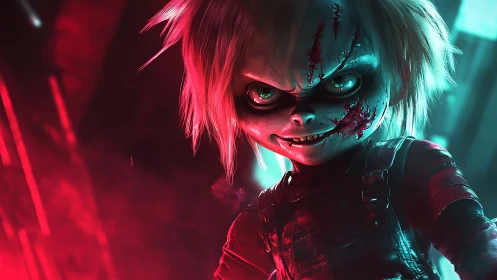 Sinister doll grins under red teal neon backlighting