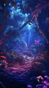 Luminous forest path under bioluminescent twilight canopy