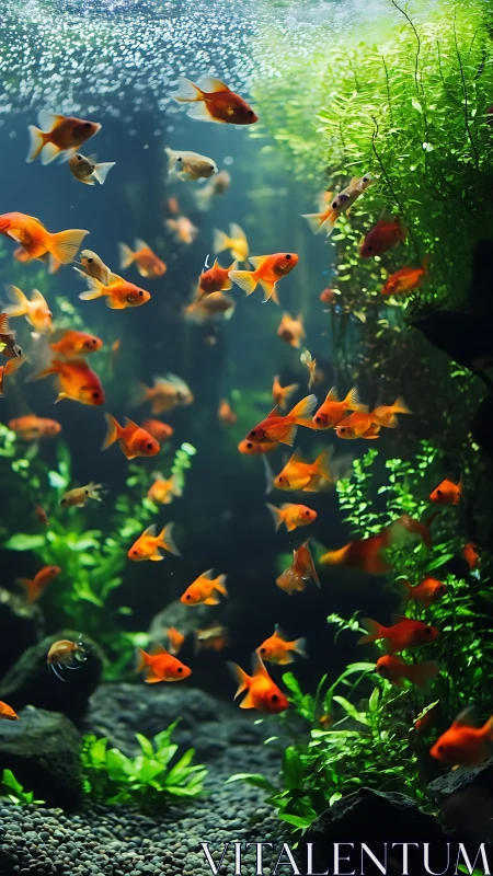 Goldfish school swimming in a lush planted aquarium.