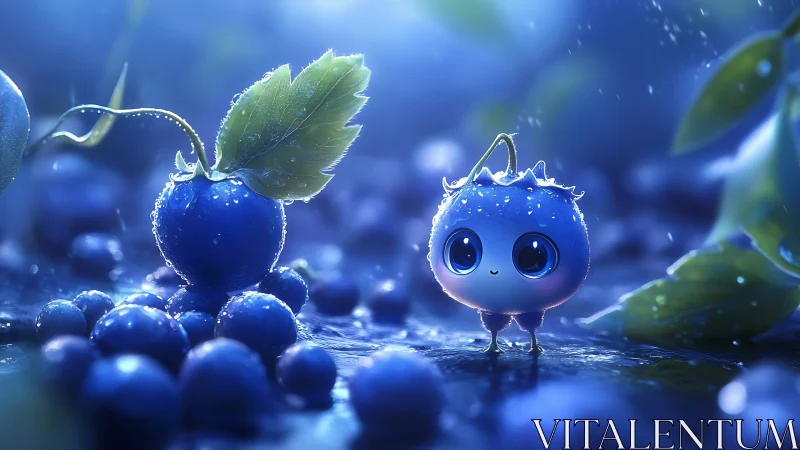 Anthropomorphic blueberry figure in wet blue environment.