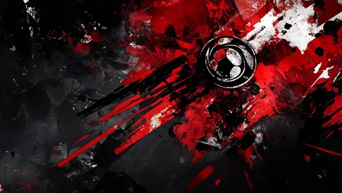 Bold Abstract Art with Red and Black Splashes and Symbolic Emblem.