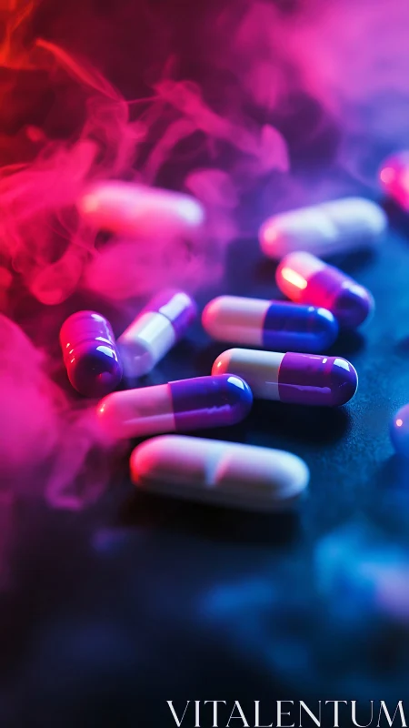 Neon capsules scattered in vivid pink and blue haze.