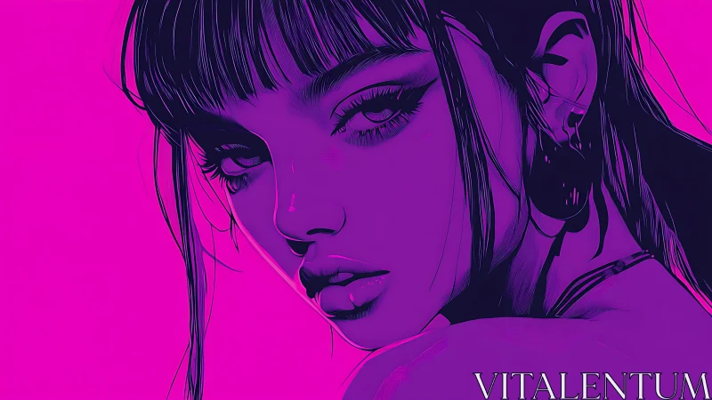 Neon magenta portrait of illustrated woman in profile.