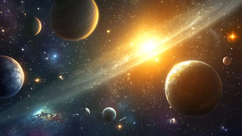 Radiant alien star system glows with planets and rings.