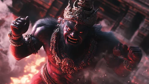 Mythic simian warrior in ornate armor amid fire and smoke.