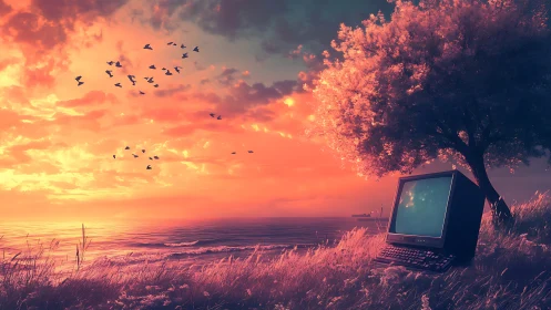 Retro computer rests under neon sunset sky by sea shore.